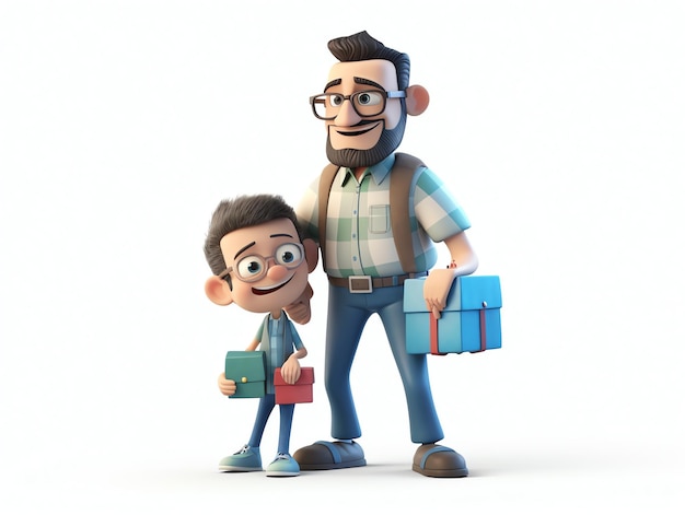 A cartoon character with a boy holding a gift box.