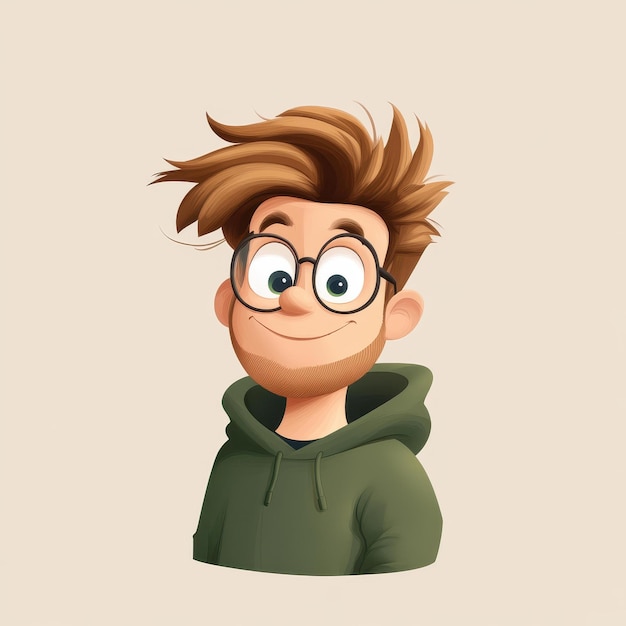 A cartoon character with brown wavy hair wearing a vibrant green hoodie