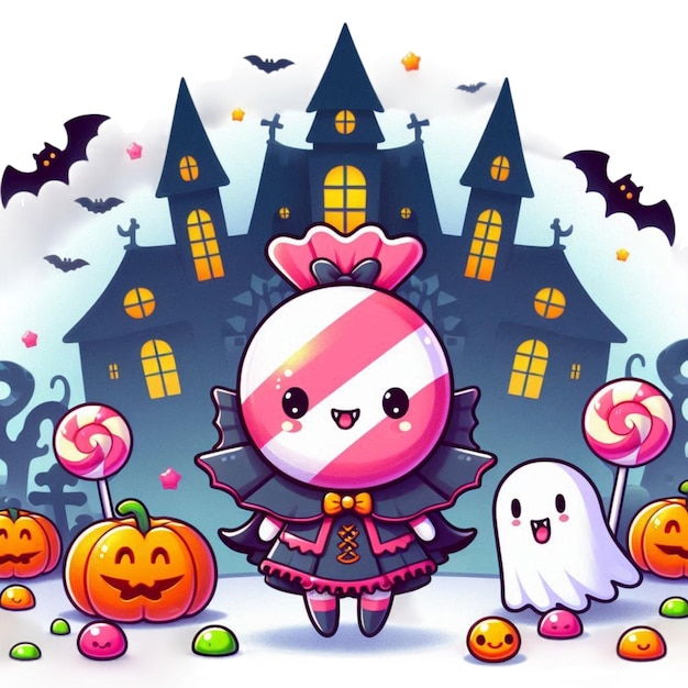 a cartoon character with a candy and a ghost on it