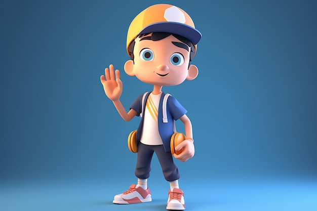 A cartoon character with a cap and a baseball cap waves his hand.