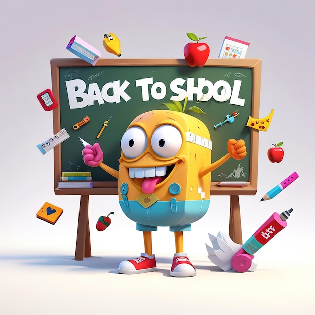 Photo a cartoon character with a chalkboard with the back to school written on it