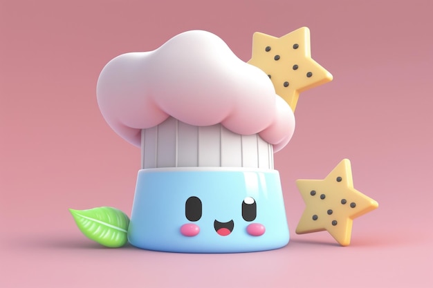 A cartoon character with a chef hat and a leaf on it