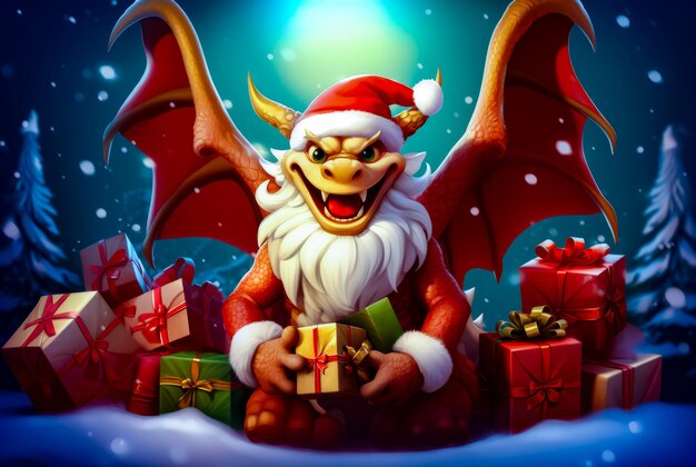 Cartoon character with christmas hat and bat holding gift box Generative AI