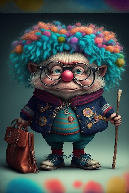 A cartoon character with a clown's hair and glasses