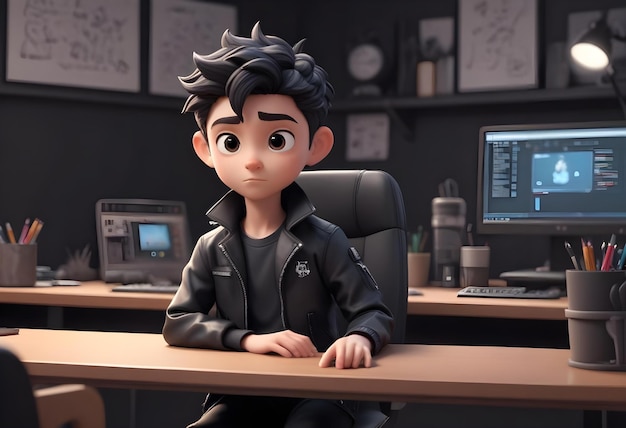 a cartoon character with a computer screen behind him