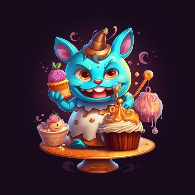 A cartoon character with a cupcake and a cat wearing a suit and hat holding a cupcake.