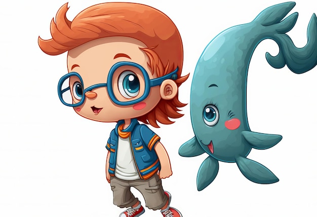 Cartoon Character with cute fish and sea creatures isolated on white background Generative AI