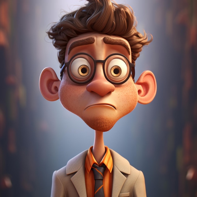 A cartoon character with a dark background and a man wearing glasses and a tie.