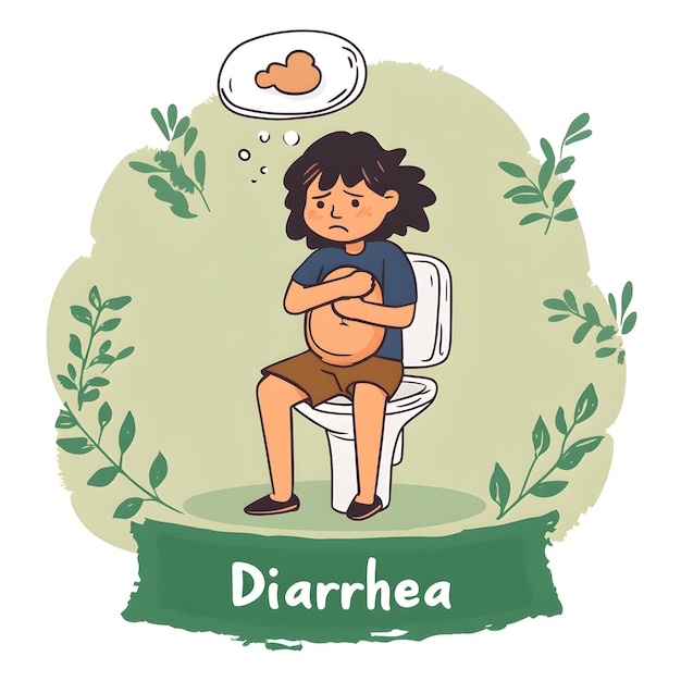 Photo cartoon character with diarrhea problem stomachache discomfort in for medical content