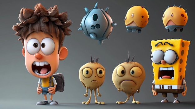 Photo a cartoon character with a face full of different characters