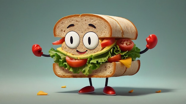 Photo a cartoon character with a face and a sandwich with tomatoes and lettuce