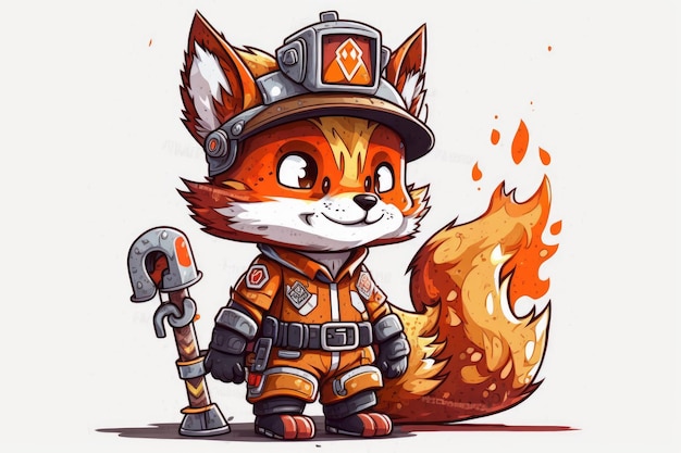 A cartoon character with a fireman in a uniform and a helmet with the word v on it.