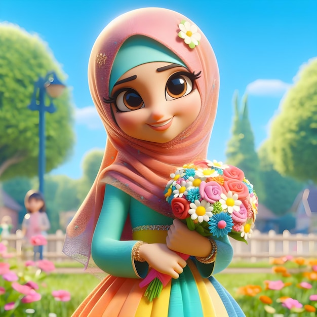 a cartoon character with flowers in her hair and a pink scarf