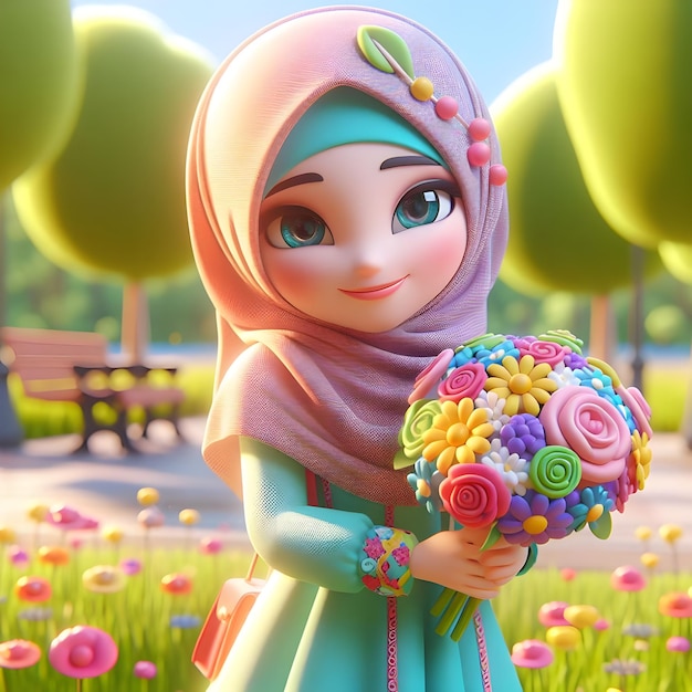 a cartoon character with flowers in her hands is holding a bouquet of flowers