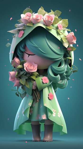 A cartoon character with flowers in her hands