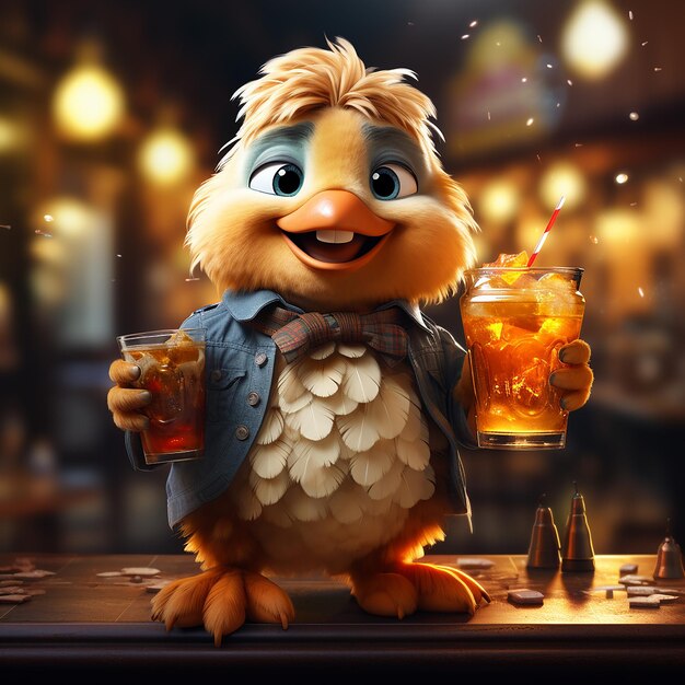 a cartoon character with a glass of beer in front of him