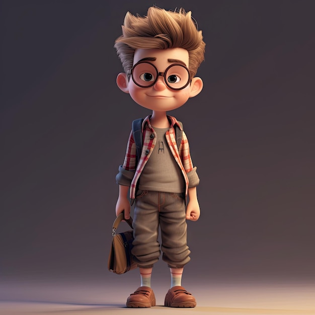 A cartoon character with glasses and a backpack is standing in a dark background.