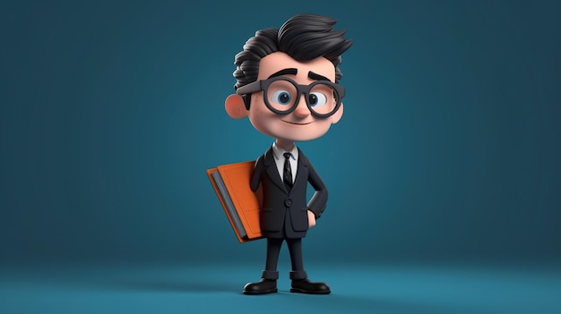 A cartoon character with glasses and a black suit holding a book.