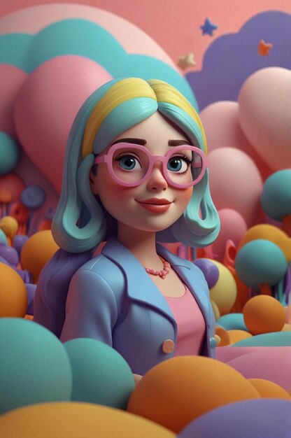 Photo a cartoon character with glasses and a blue shirt is standing in front of a bunch of balloons