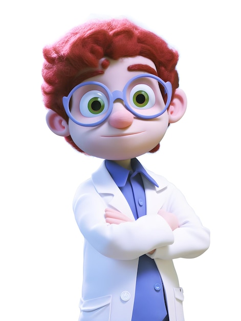 A cartoon character with glasses and a blue shirt with the word science on it.