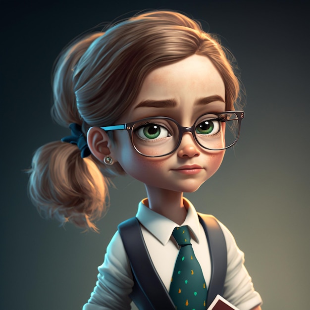 A cartoon character with glasses and a book in front of her.