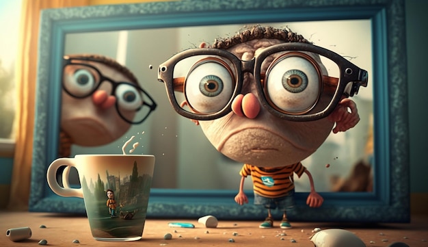 Photo a cartoon character with glasses and a mug with a picture of a broken egg.