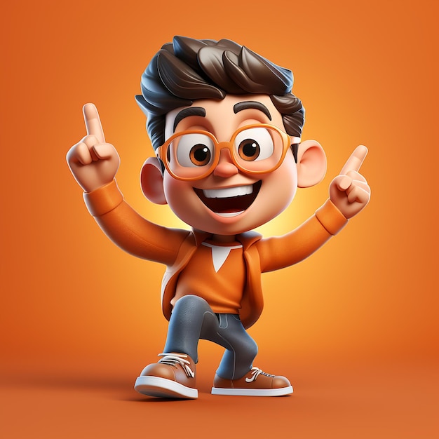 a cartoon character with glasses and an orange background