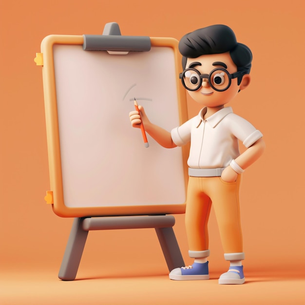 a cartoon character with glasses and a pencil next to a board with a pencil