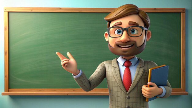 a cartoon character with glasses and a pencil pointing to the right