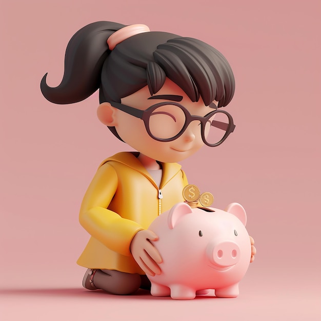 a cartoon character with glasses and a pink piggy bank