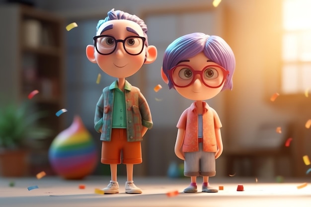 A cartoon character with glasses and a rainbow ball