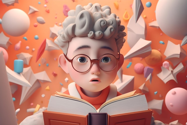 A cartoon character with glasses reading a book.