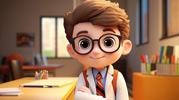 A cartoon character with glasses and a tie is standing in front of a desk with a pencil and a pencil.