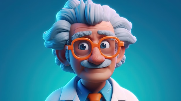 A cartoon character with glasses and a white coat with a big white brain