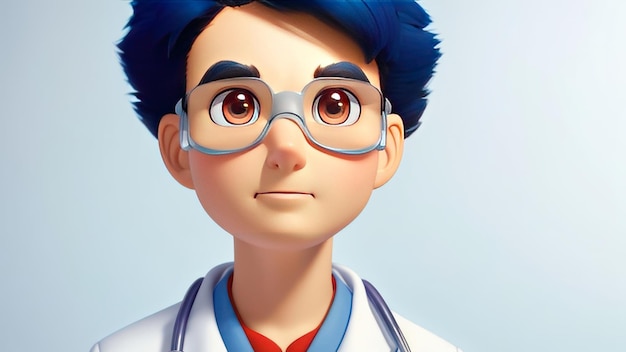 A cartoon character with glasses and a white coat with a blue collar and red rimmed glasses.