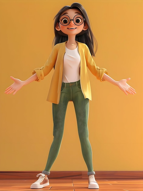 Photo a cartoon character with glasses and a white shirt is holding her hands out