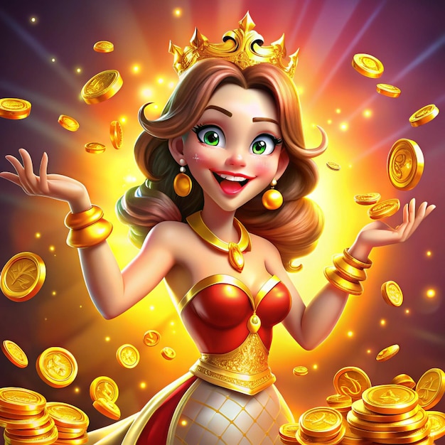 Photo a cartoon character with gold coins and a woman wearing a crown