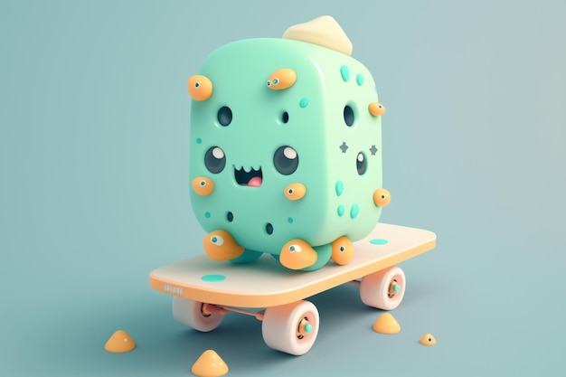 A cartoon character with a green cube on a skateboard with a small fish on it.