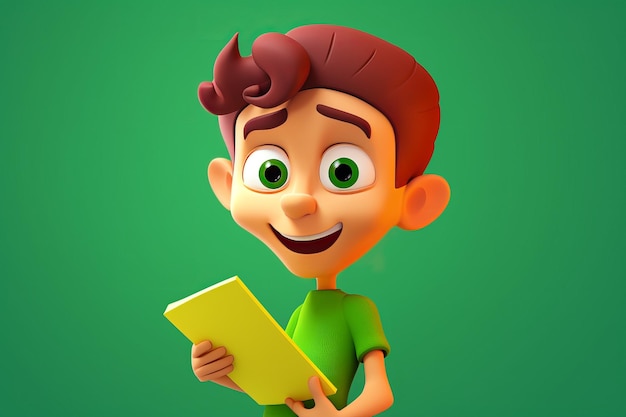 A cartoon character with green eyes reading a book.