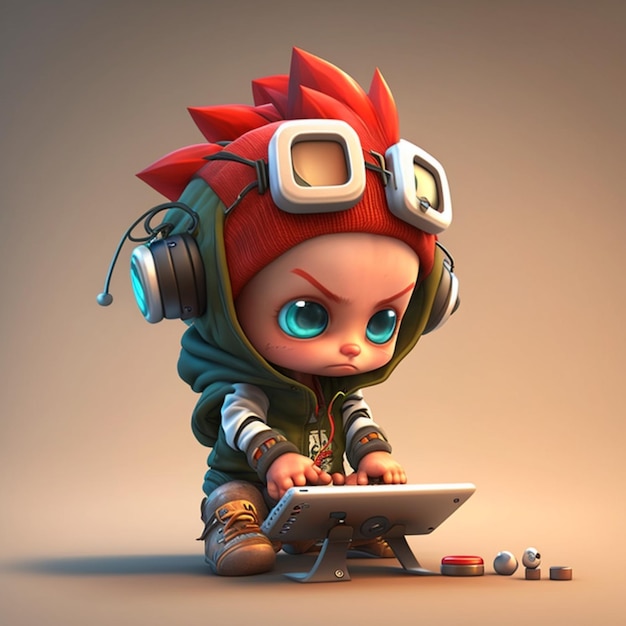 A cartoon character with a green hood and red hair playing a game on a white laptop.