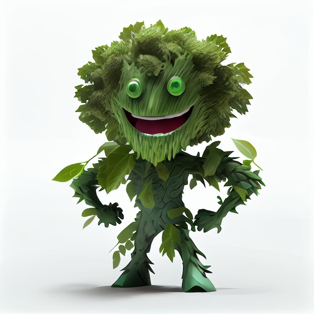 A cartoon character with a green leafy face and a green eye.