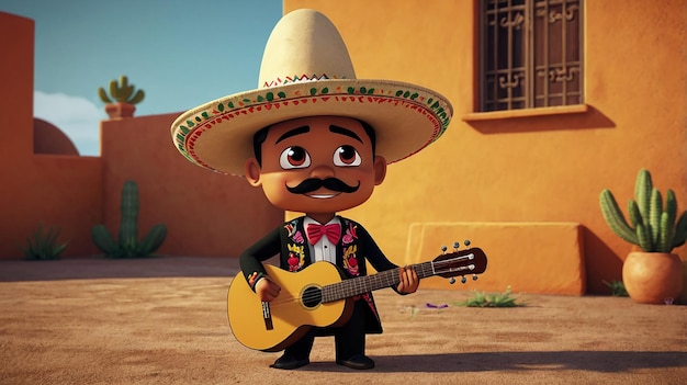 a cartoon character with a guitar and a hat