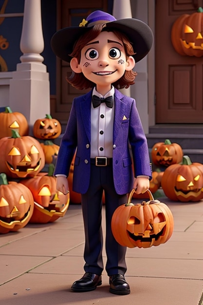 a cartoon character with a halloween costume and a pumpkin