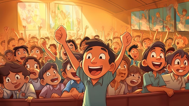 Photo a cartoon character with a happy face is cheering with his arms up