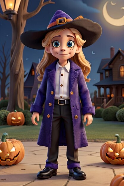 a cartoon character with a hat and a witch hat is standing on a sidewalk in front of a house