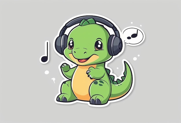 a cartoon character with headphones and a picture of a dinosaur