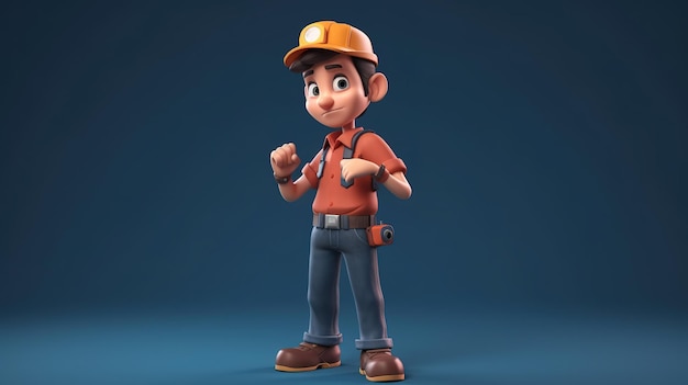 A cartoon character with a helmet and an orange shirt with a belt on it.