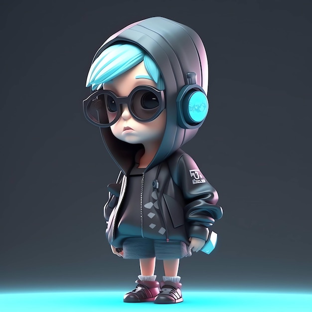 A cartoon character with a hoodie and sunglasses is standing on a blue surface.