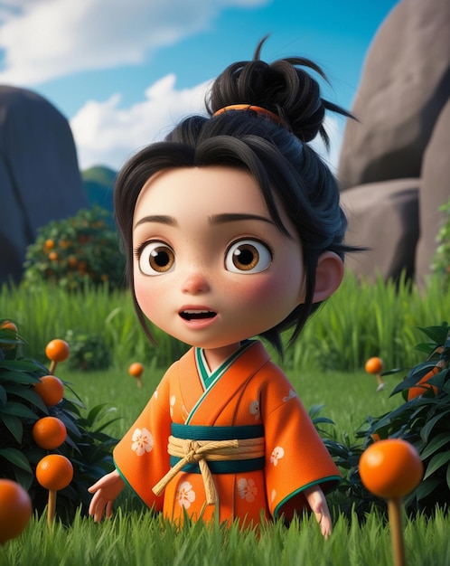 a cartoon character with a japanese outfit and a japanese background