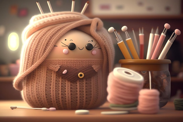 A cartoon character with a knitted egg doll next to some yarn.